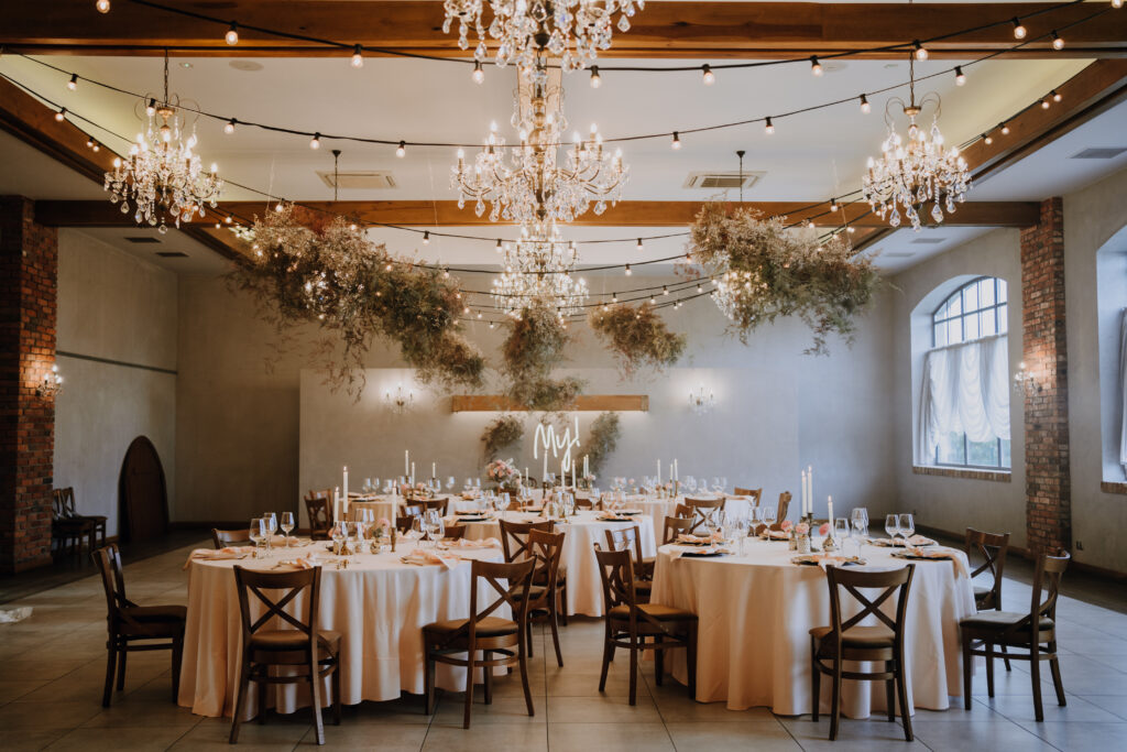 a room with tables and chandeliers