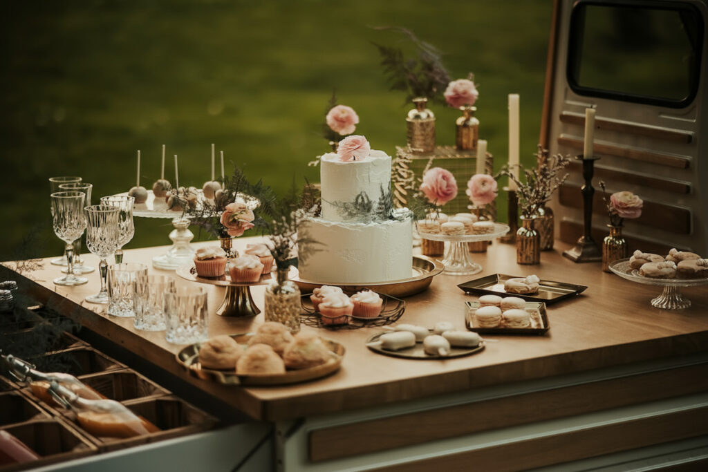 a table with food and desserts