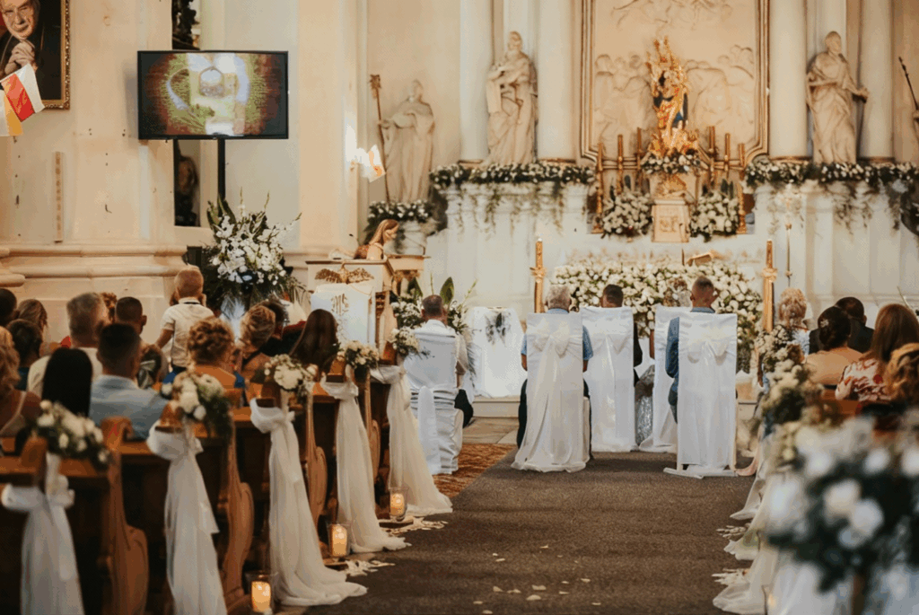 a group of people in a church