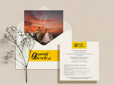 a white envelope with a picture of a man and a woman in a wedding dress